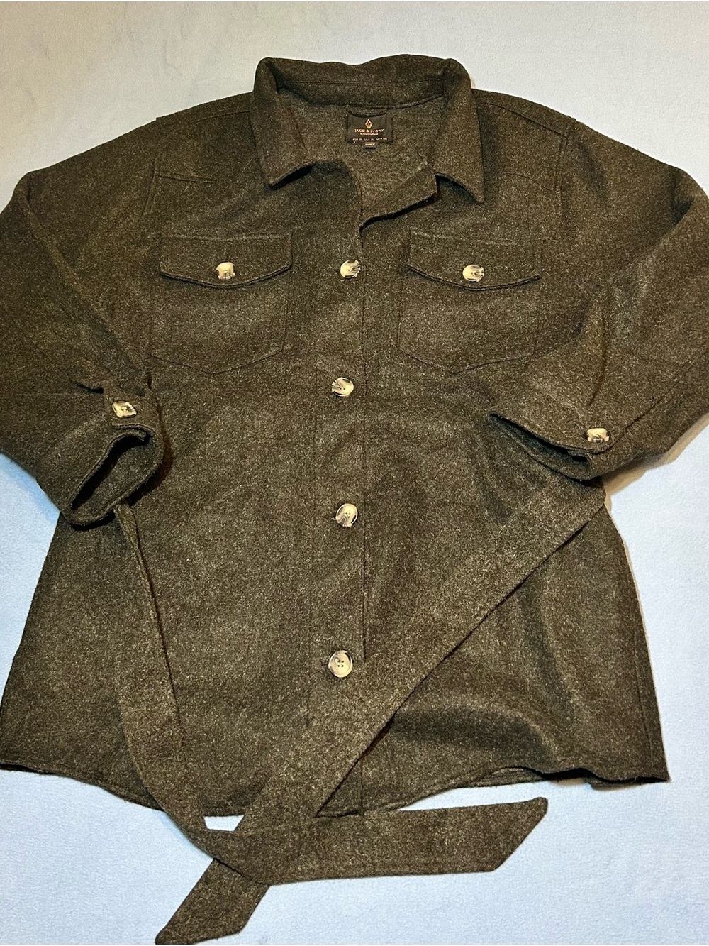 Jade & Ivory Belted Flap Pocket Button-Front Jacket in Black
